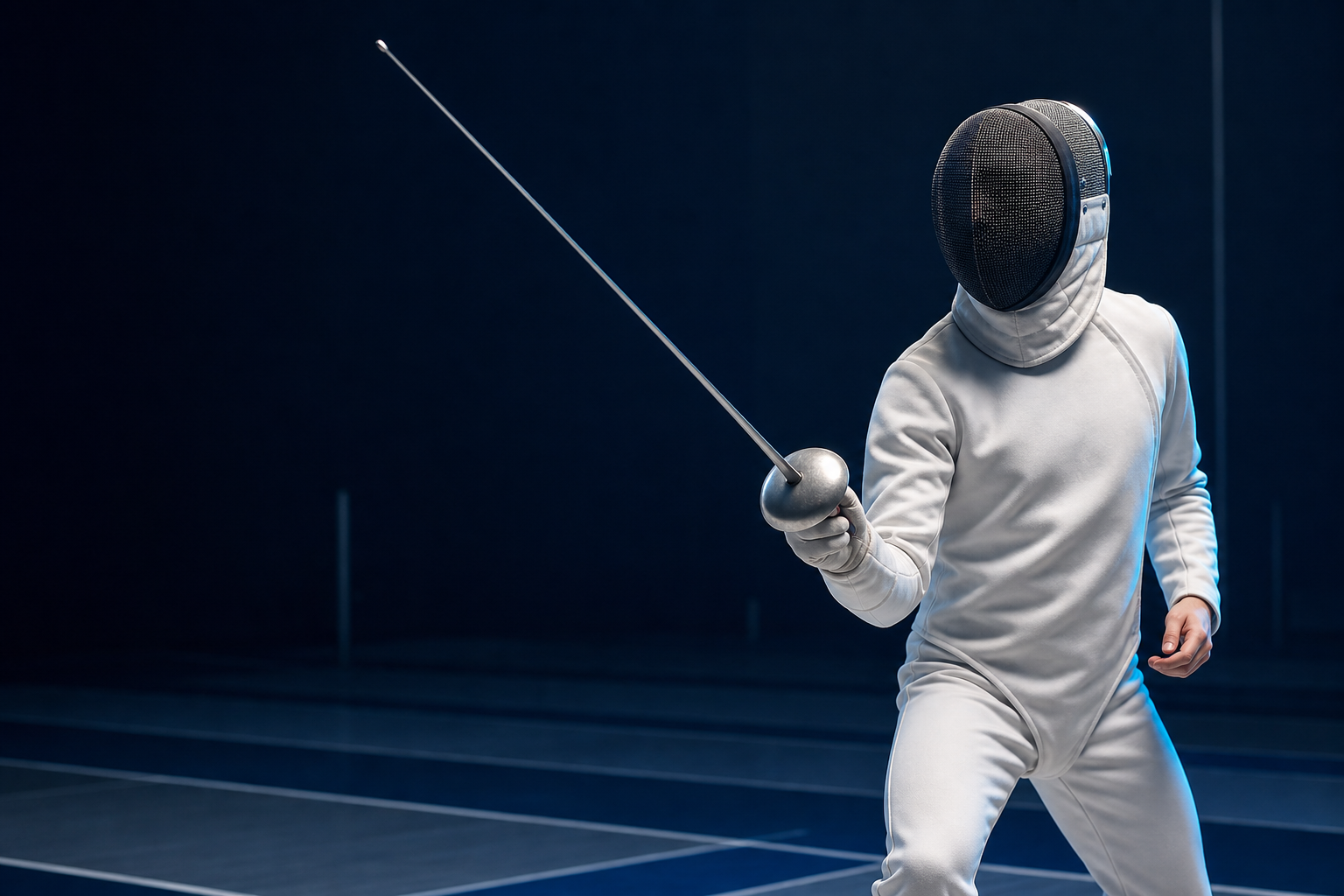 Fencer preparing on the piste in a dark studio